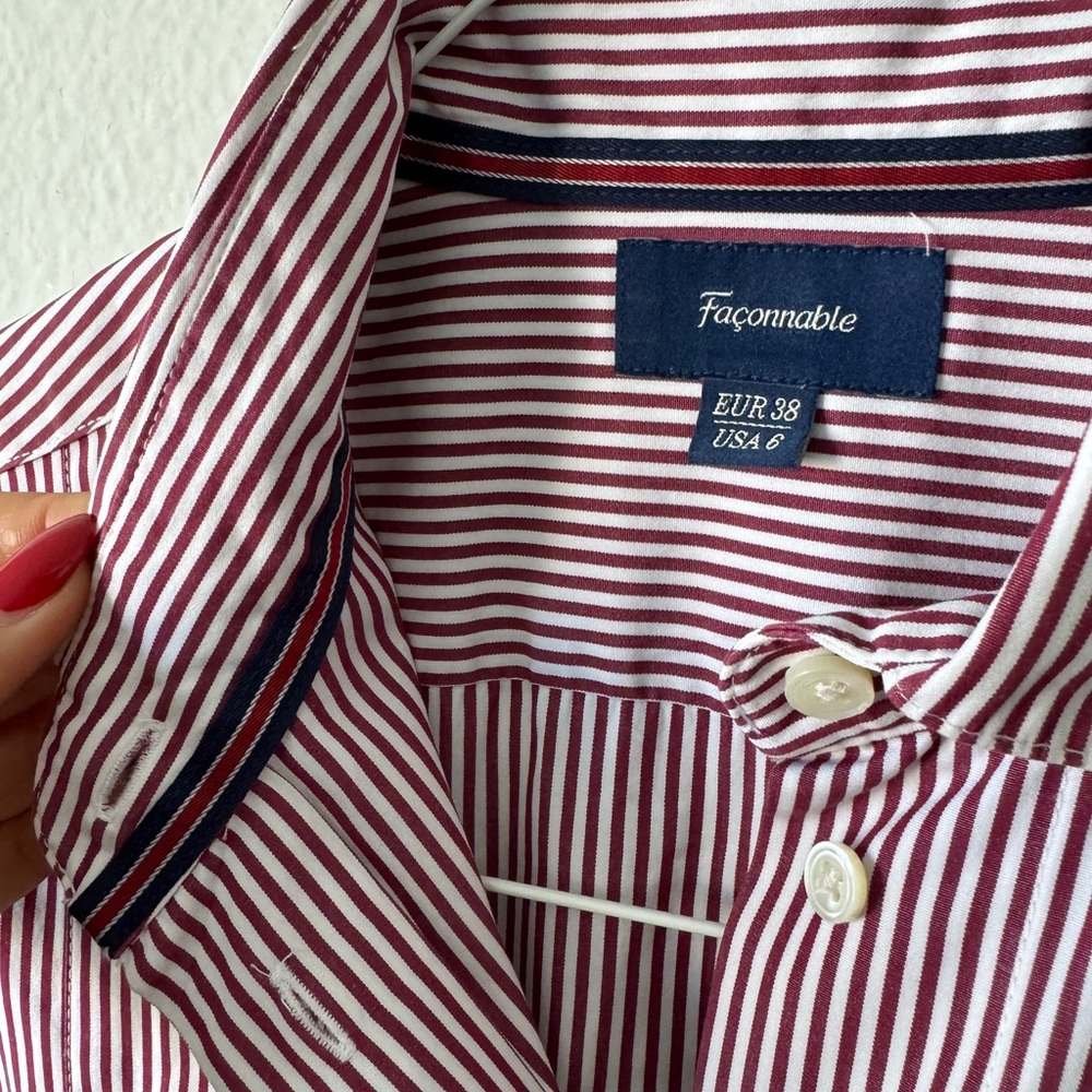 Faconnable Men's Burgundy and White Striped Shirt